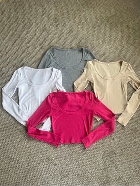 Amazon Women's Long-Sleeve Scoop Neck Top - White, Gray, Beige, Pink